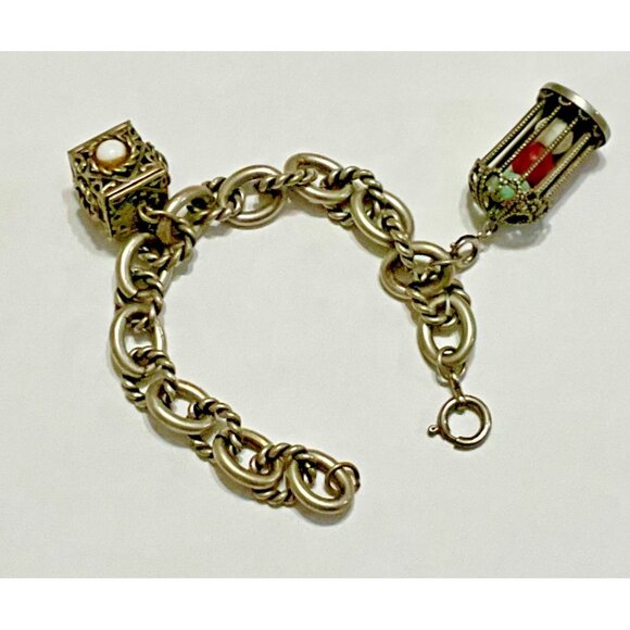 Vintage Etruscan Revival 800 Silver Fob Charm Bracelet Gypsy 2 Charms Cage - Picture 6 of 6